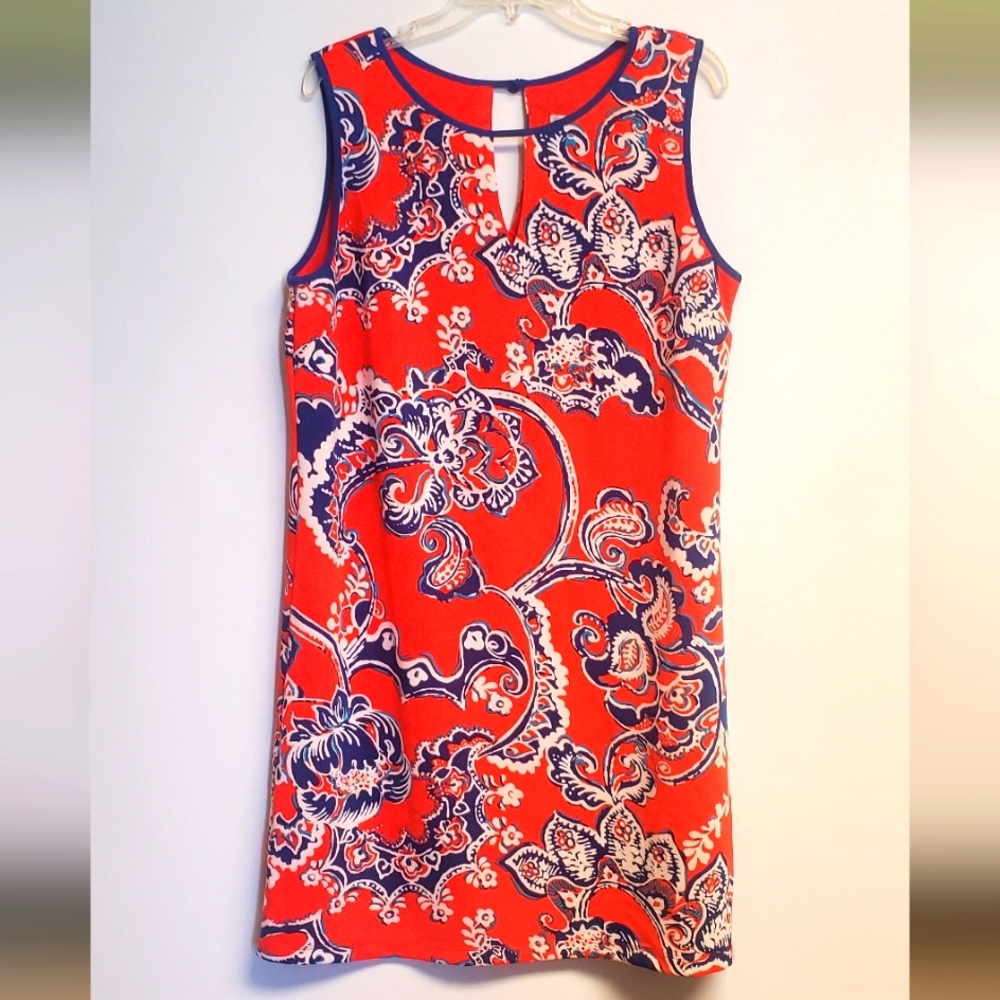 Madison Leigh Retro Orange & Bue Paisley Midi Shift Dress Size 16